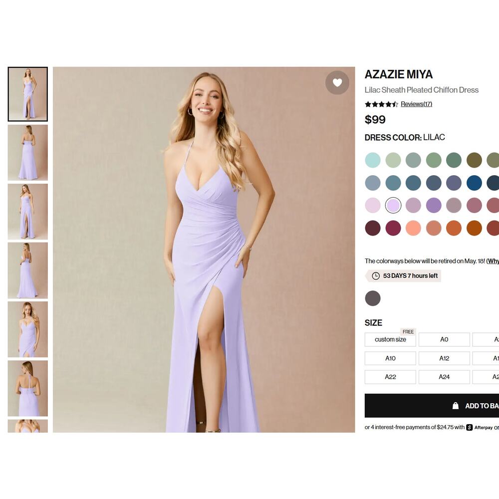 Azazie Lilac Miya Bridesmaid dress size a10